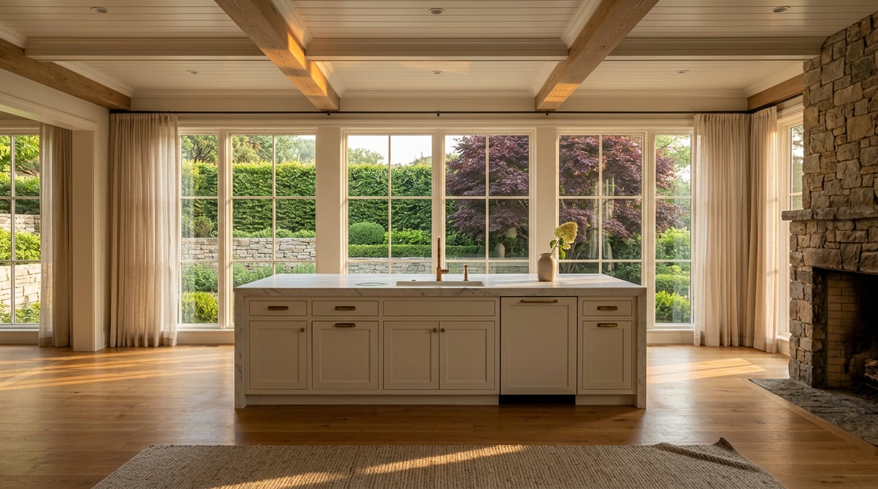 Great room with a marble island, coffered oak ceiling, fieldstone fireplace, and garden visible through divided-light windows.