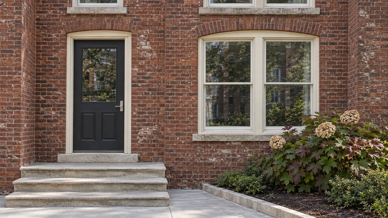 Red brick building entrance with a black door, stone steps, and landscaped shrubs.