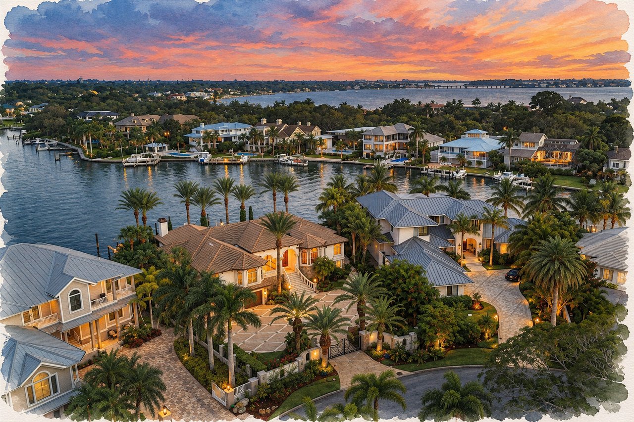 Harbor Acres waterfront homes and docks at sunset, with palms and a bridge across the water.