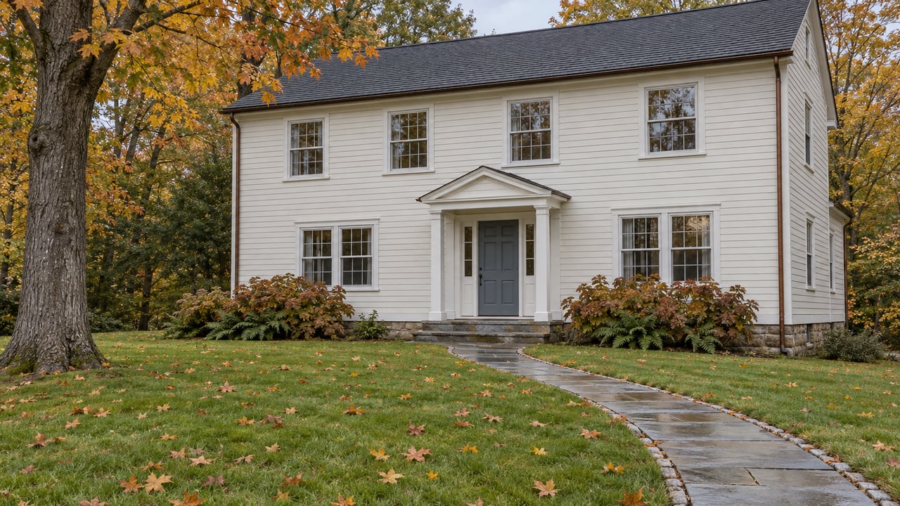 An off-white two-story house with a blue-gray entry door, damp bluestone path, deep lawn and amber maple foliage after autumn rain.