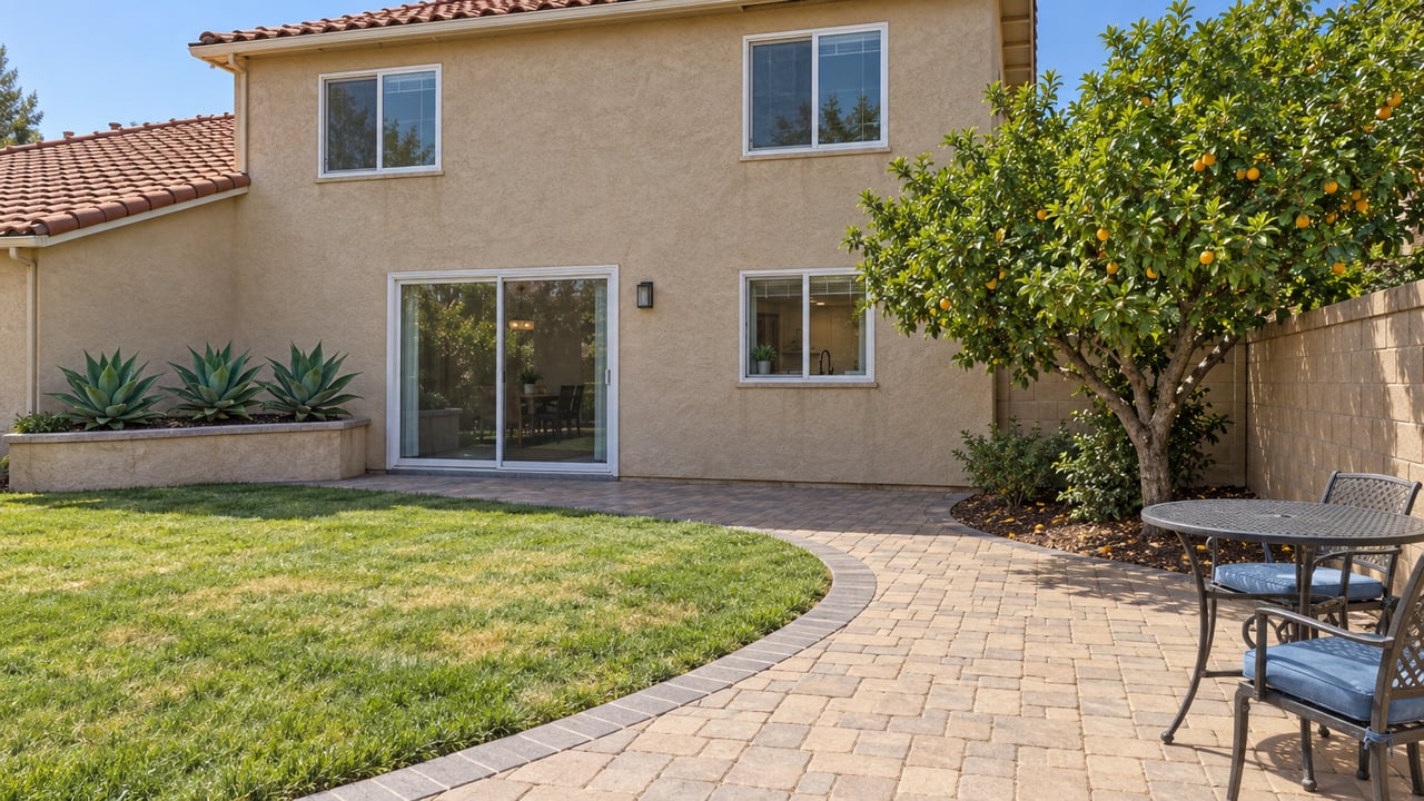 Sunlit stucco home overlooking a curved paver patio, small lawn and a mature citrus tree.