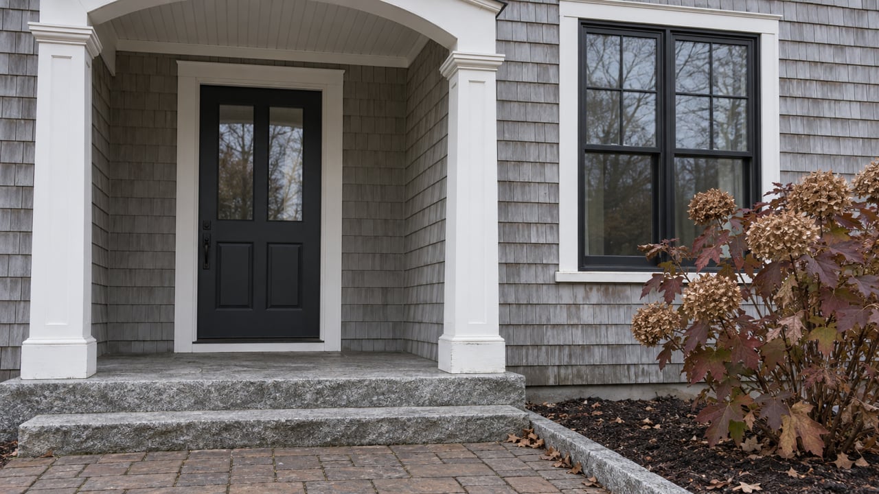 Weathered cedar-shingle entrance with white porch millwork, a charcoal door, granite step and dormant oakleaf hydrangea.