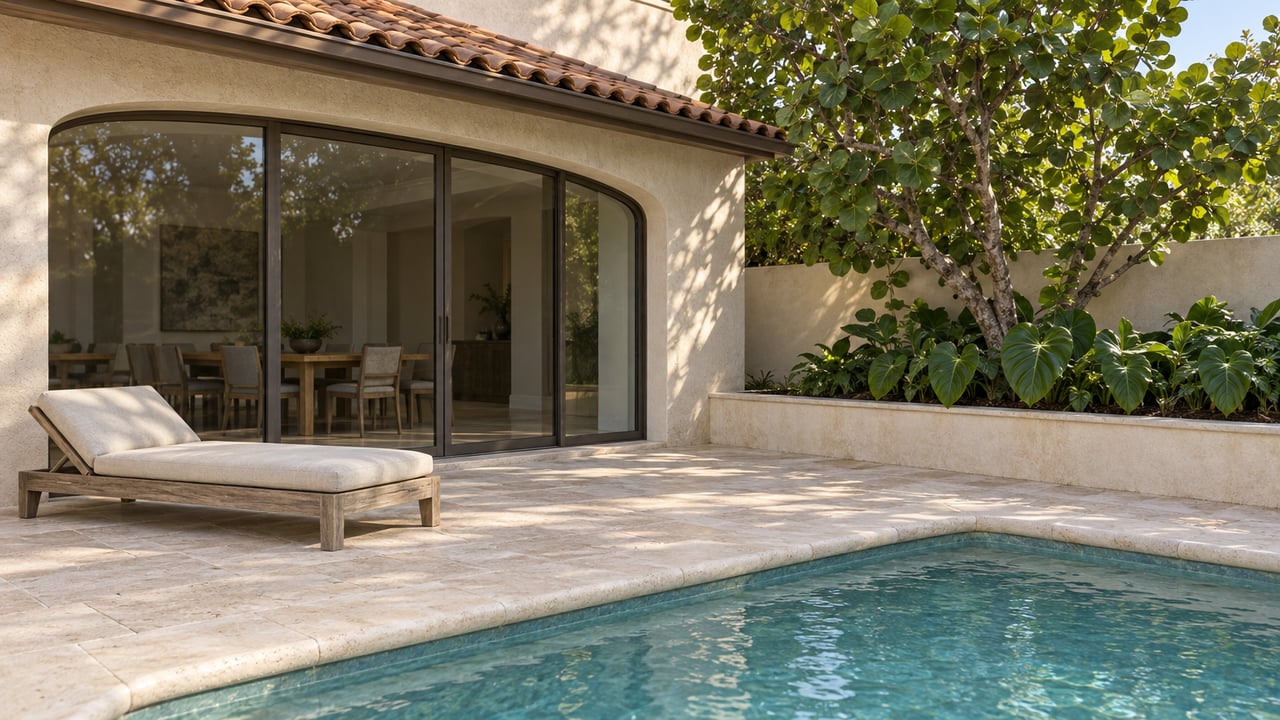 Cream stucco villa with a clay-tile roof, bronze-framed arched glazing, travertine terrace and blue-green pool beside a sea grape tree.