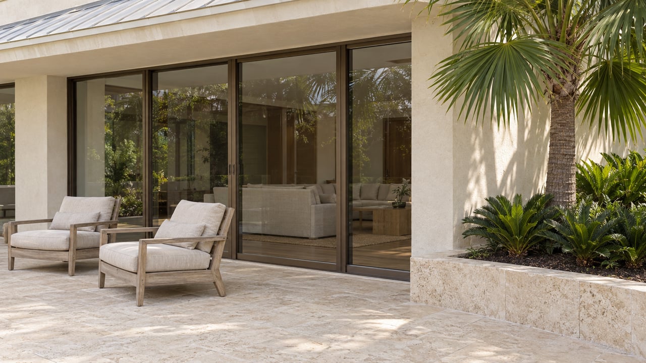 Cream-stucco villa terrace with limestone paving, teak chairs, closed bronze-framed glass doors and a fan palm in a raised stone planter.