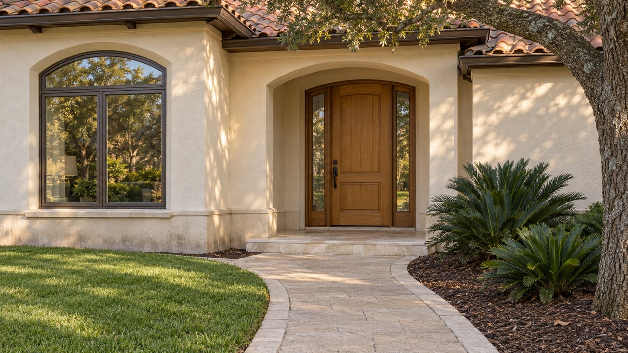 Cream stucco home with a terracotta tile roof, recessed oak entry, limestone step and curved paver walk beside a mature live oak.