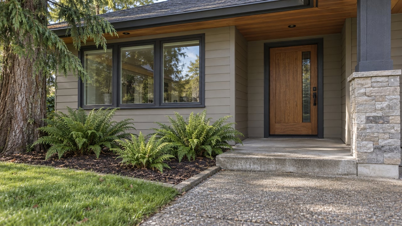 Greige-sided home entrance with a stone porch column, cedar soffit, concrete approach, and established cedar and sword ferns.