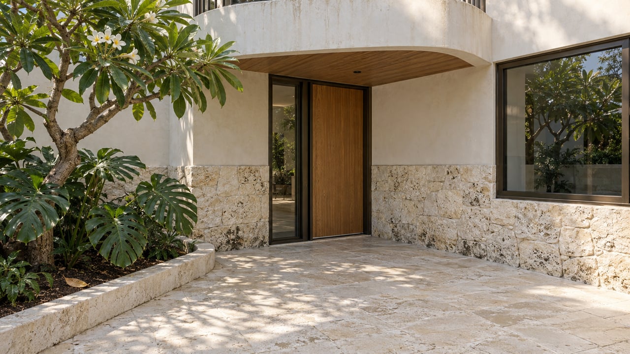 Rounded ivory plaster residence with a recessed timber entrance, textured limestone base and planted stone entry court.