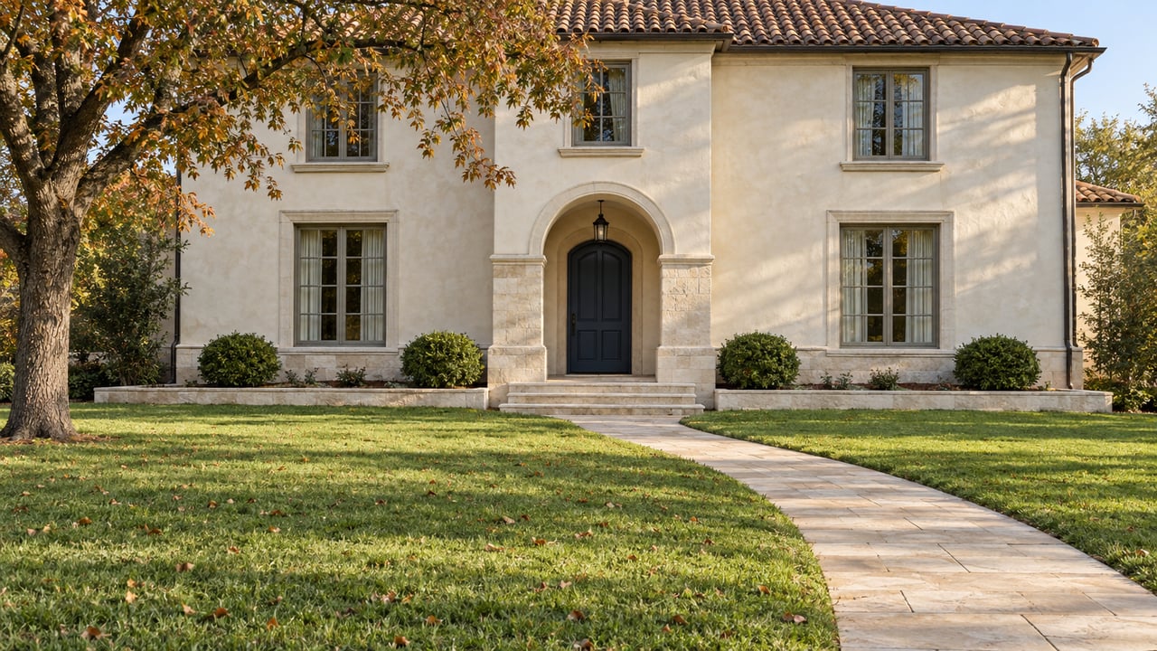 Cream stucco home with a tiled roof, navy front door and limestone walkway across a broad lawn beneath an autumn oak.
