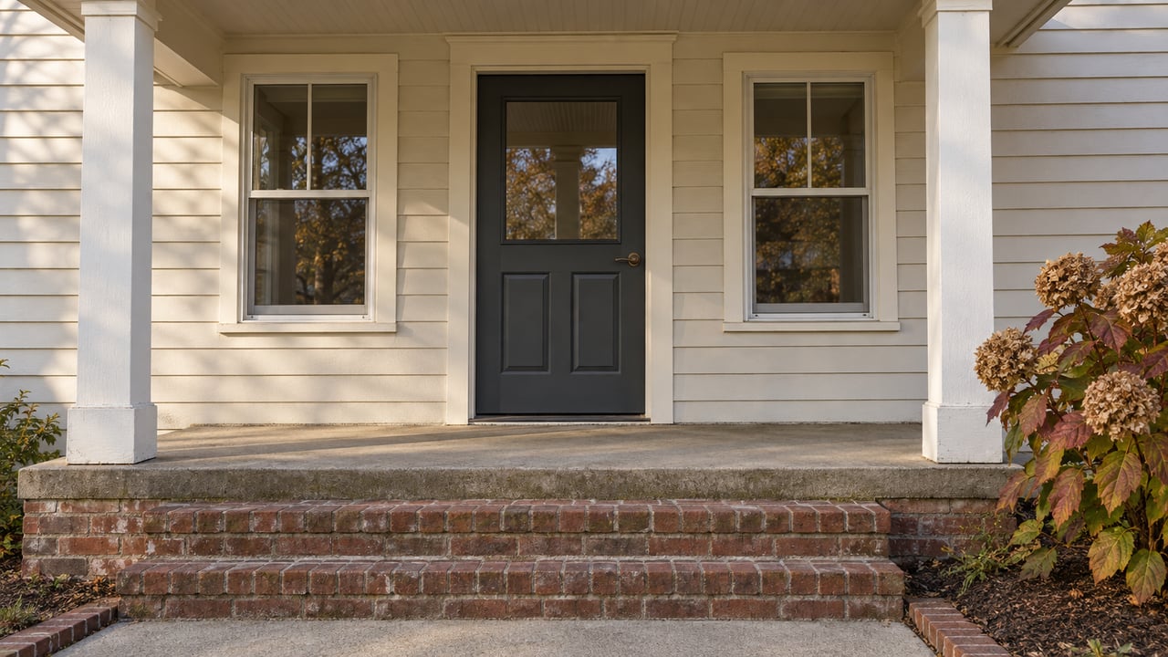 Off-white clapboard home with a charcoal entry door, paired windows, weathered brick steps and an autumn oakleaf hydrangea beside the approach.