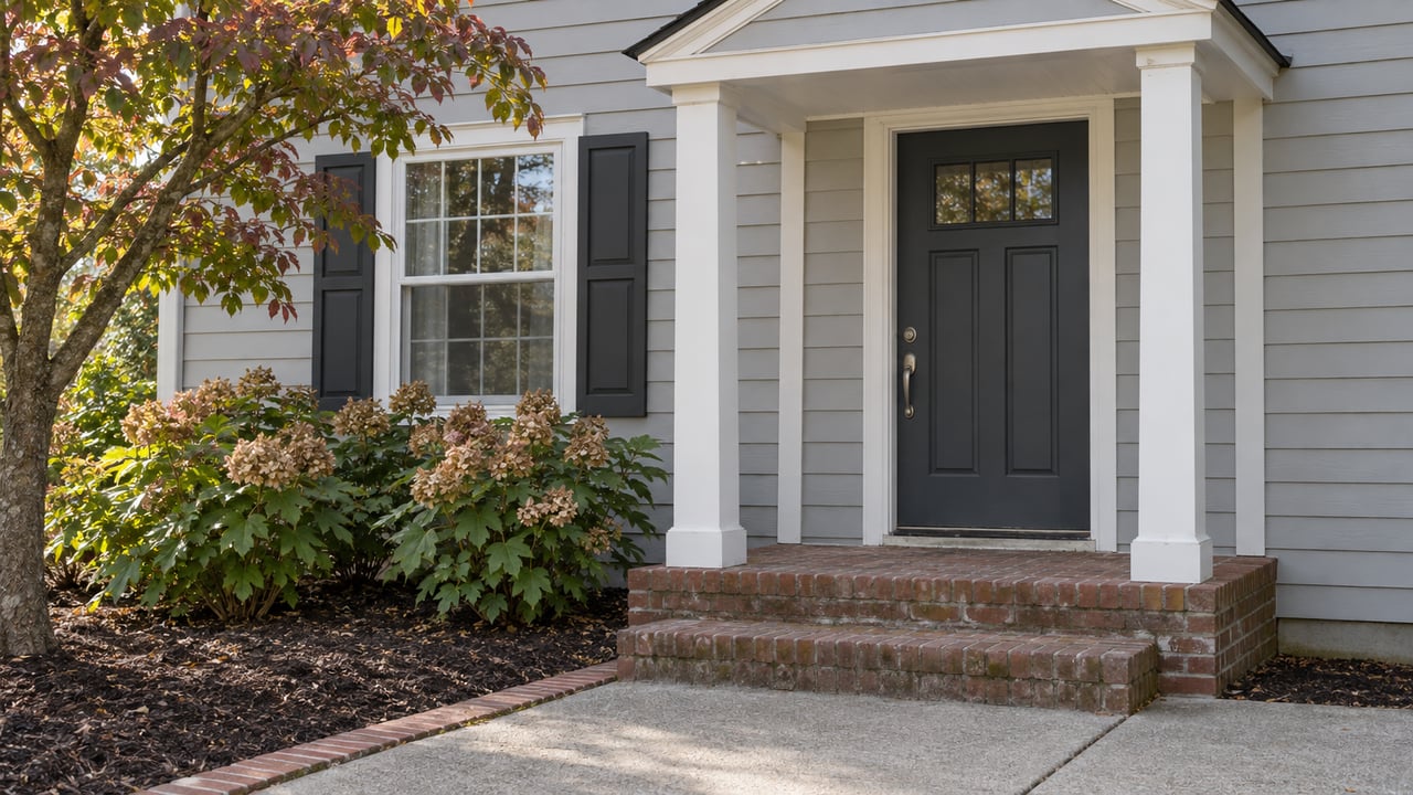 Gray clapboard home with a white columned portico, brick entry steps, and autumn dogwood and oakleaf hydrangea planting.