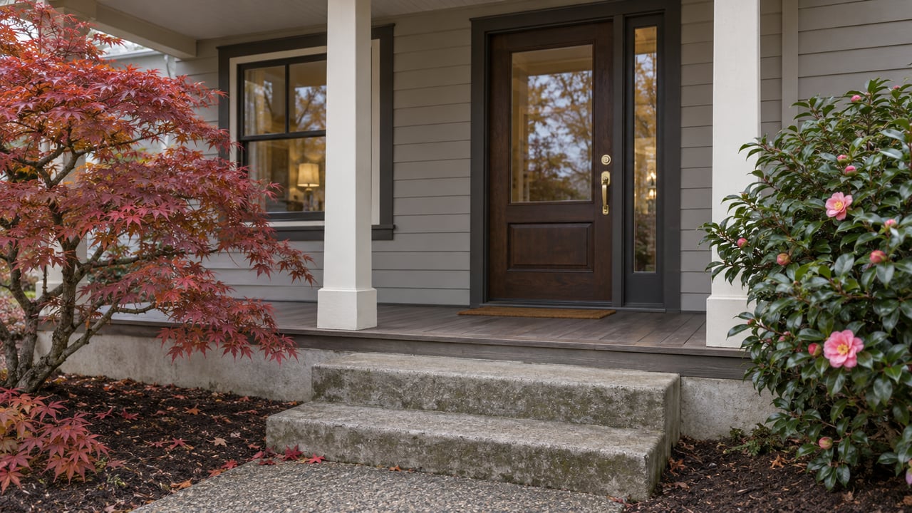 Older home’s dark wood entry, glazed sidelight, concrete steps, and Japanese maple beside the porch.