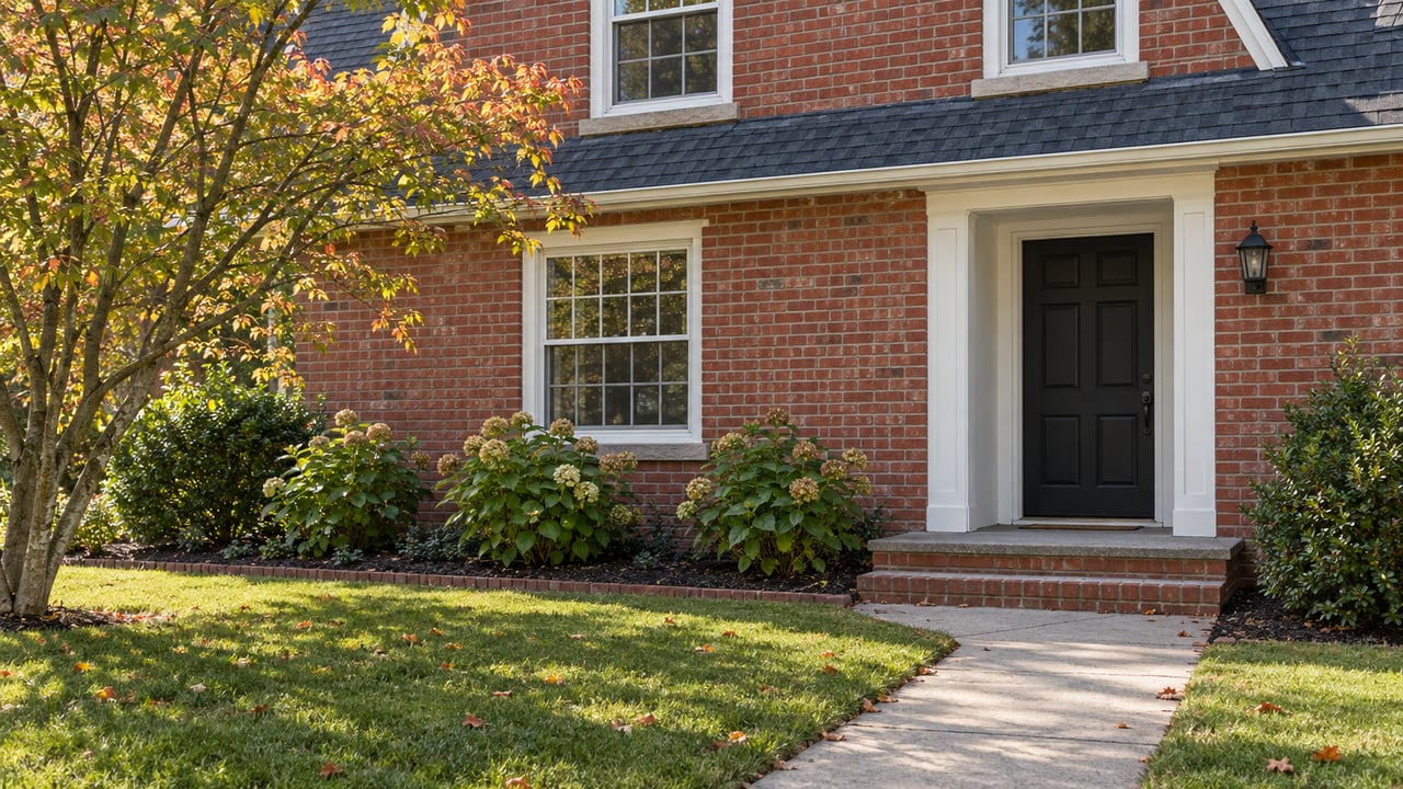 Red-brick house with a dark recessed door, white-trimmed windows, concrete walkway, lawn, and foundation hydrangeas.