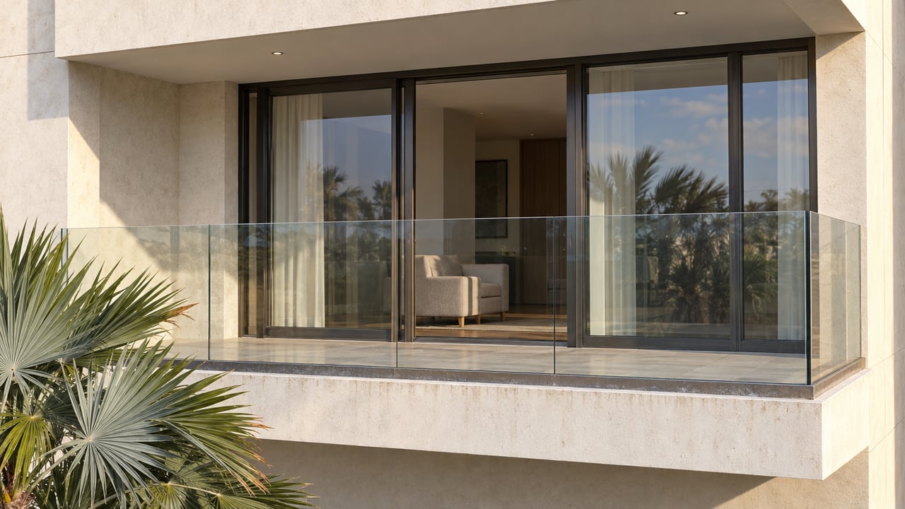 Ivory stucco balcony with limestone flooring, bronze-framed glass doors and silver-backed palm leaves in afternoon light.