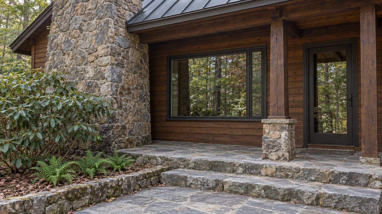 Close view of a stained-wood cabin porch with a fieldstone chimney, bronze-framed glazing, worn stone steps and rhododendron planting.