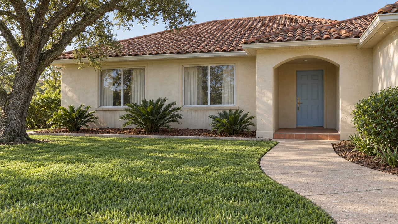 Ivory stucco home with a terracotta roof, arched blue-door entry and shell-aggregate walk across a deep lawn beneath a spreading live oak.