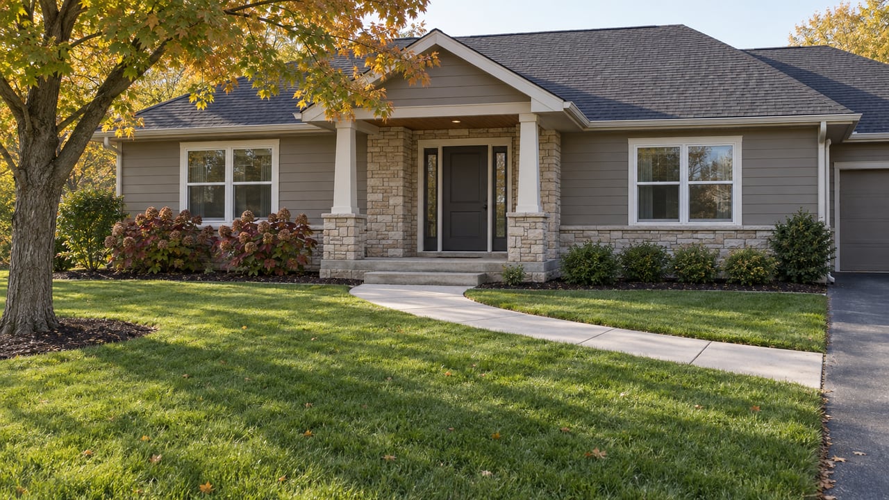 Gabled ranch home with gray siding, limestone entrance, a curved front walk, and an amber-leaved sugar maple beside a broad lawn.