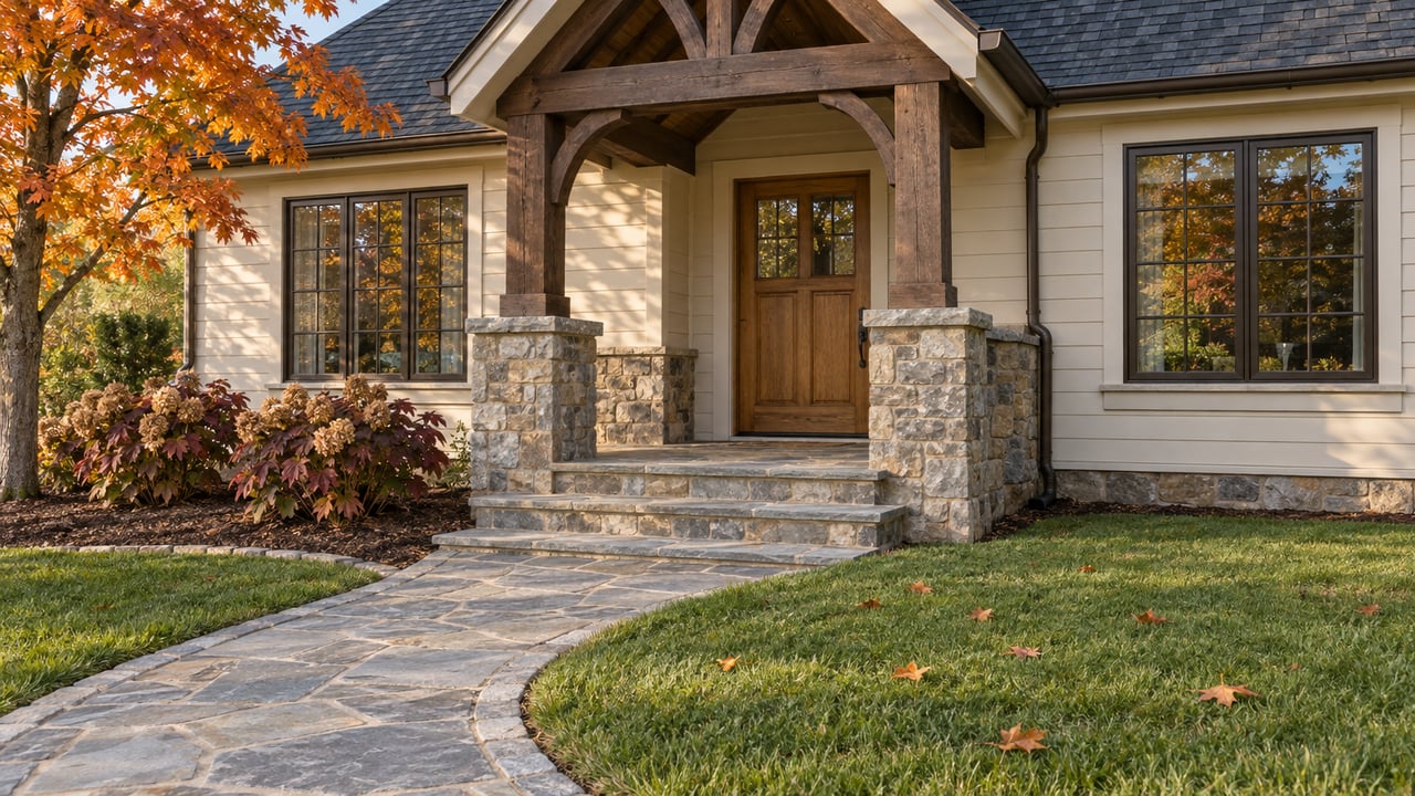 Stone and ivory-sided home entry with an oak door, bluestone approach, copper-colored maple leaves and a broad lawn.