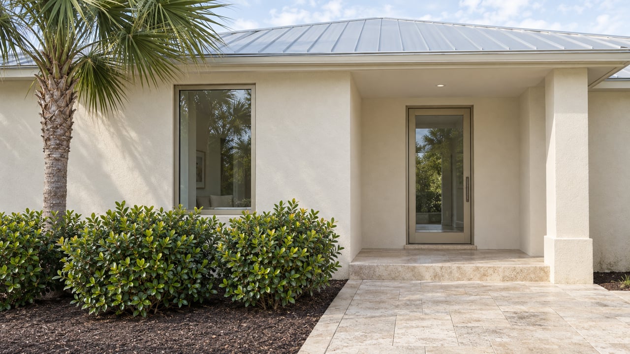 Cream-stucco home with a shallow silver roof, glazed entry, limestone approach and sculptural fan palm beside clipped shrubs.
