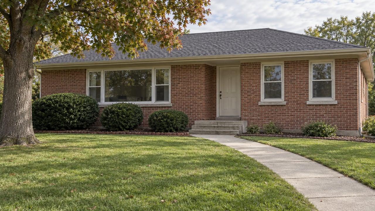 Red-brown brick ranch with white-framed windows, a deep front lawn, concrete entry walk and mature oak.