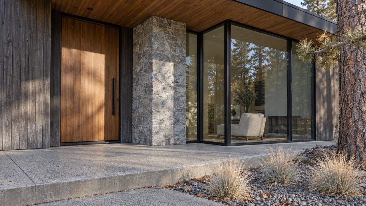 Autumn light on a wood-and-stone home entrance beside tall sealed windows, with a pine trunk and dry bunchgrasses bordering the concrete approach.