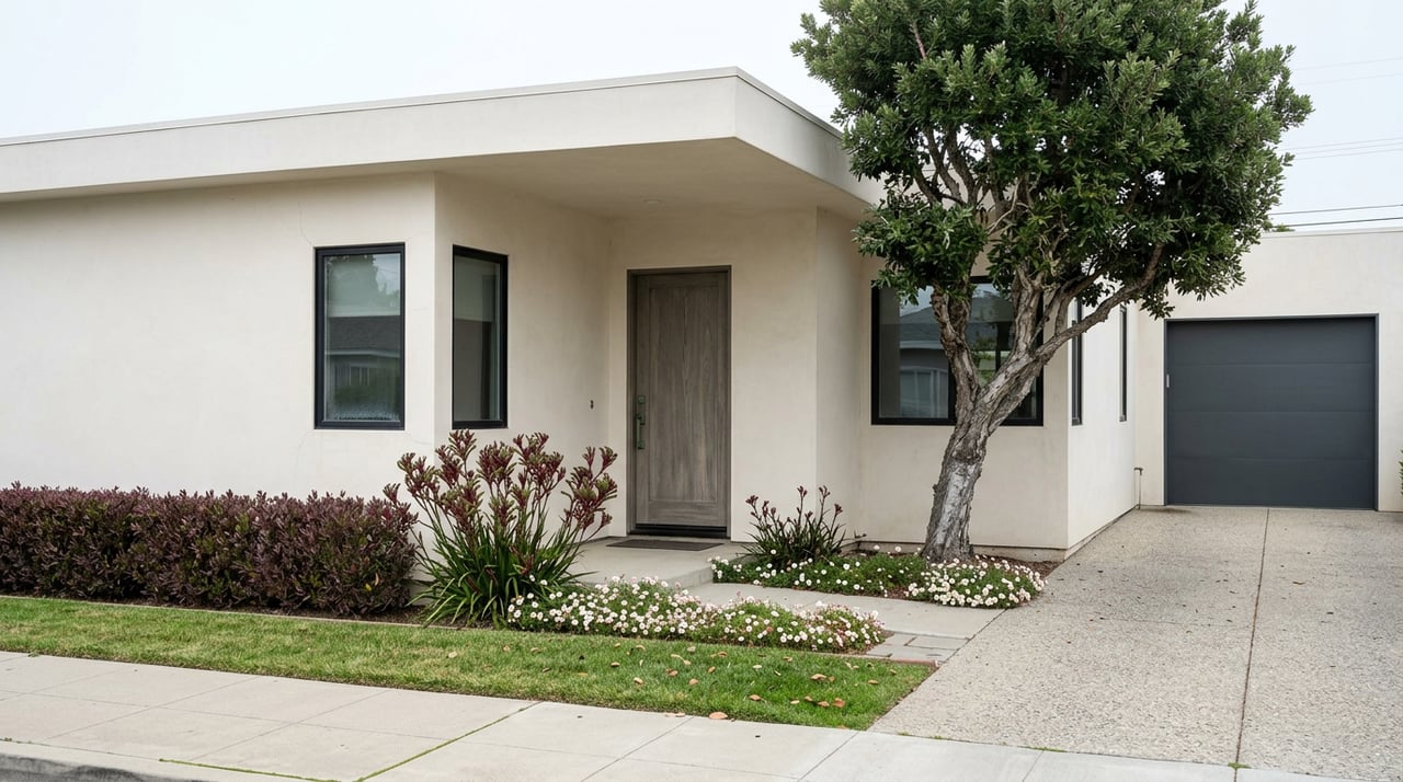 Coastal contemporary home with a flat roof, charcoal garage door, and bronze-purple hedge along the lawn.