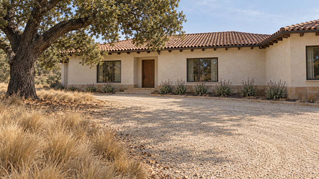 An ivory stucco home with a clay tile roof sits beyond a broad gravel approach, framed by a mature oak and tawny meadow planting.