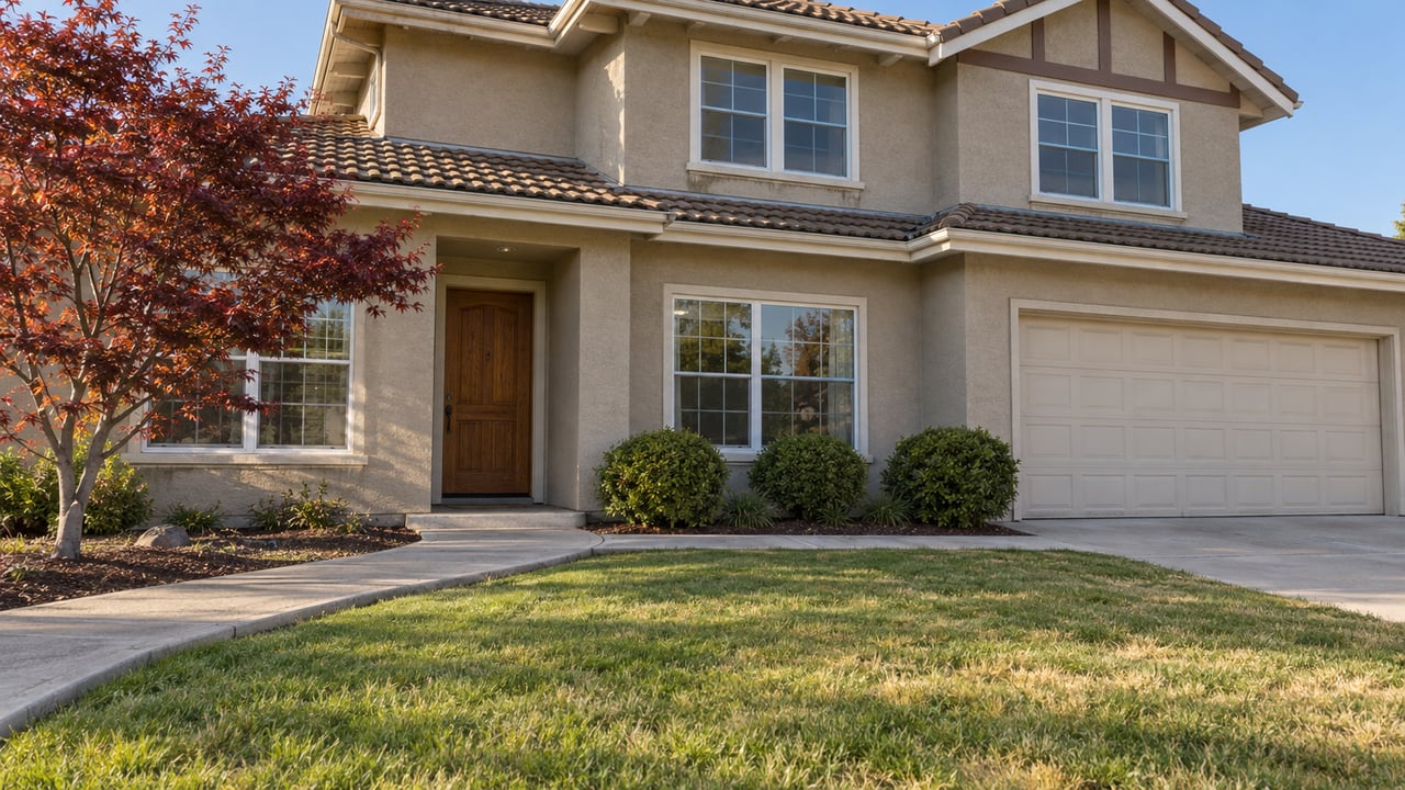 Sunlit two-story greige stucco home with a curved concrete approach, green lawn and a burgundy Japanese maple.
