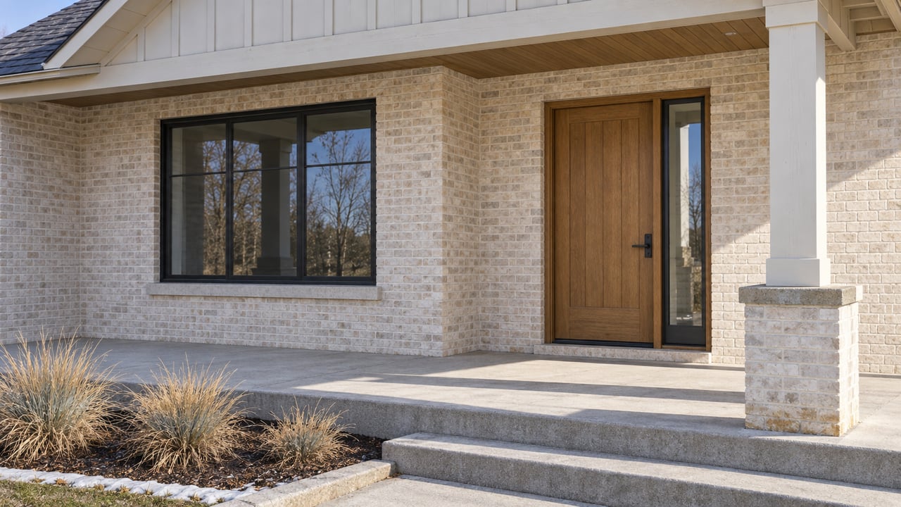 Light-brick home entry with an oak door, covered porch, dormant bunchgrass and a trace of snow beside concrete steps.