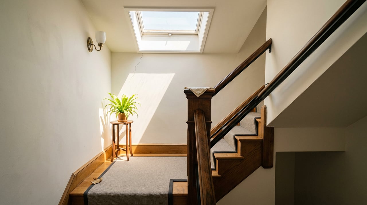 Townhouse stair hall with a walnut newel post, diagonal handrail, potted fern, and sunlight from a skylight.