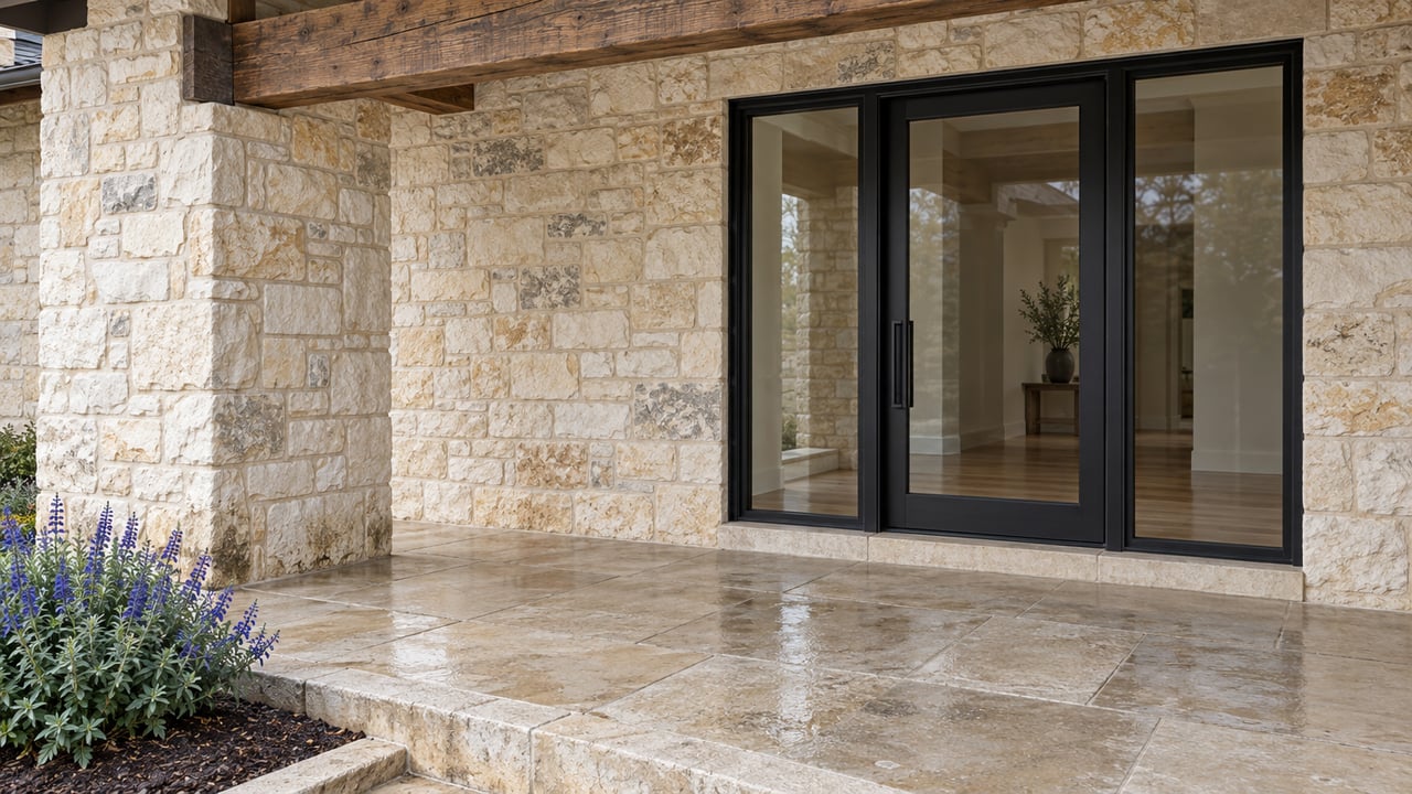 Rain-softened limestone porch and oak beam framing a black steel-glazed entry, with blue-violet sage beside a stone-edged step.