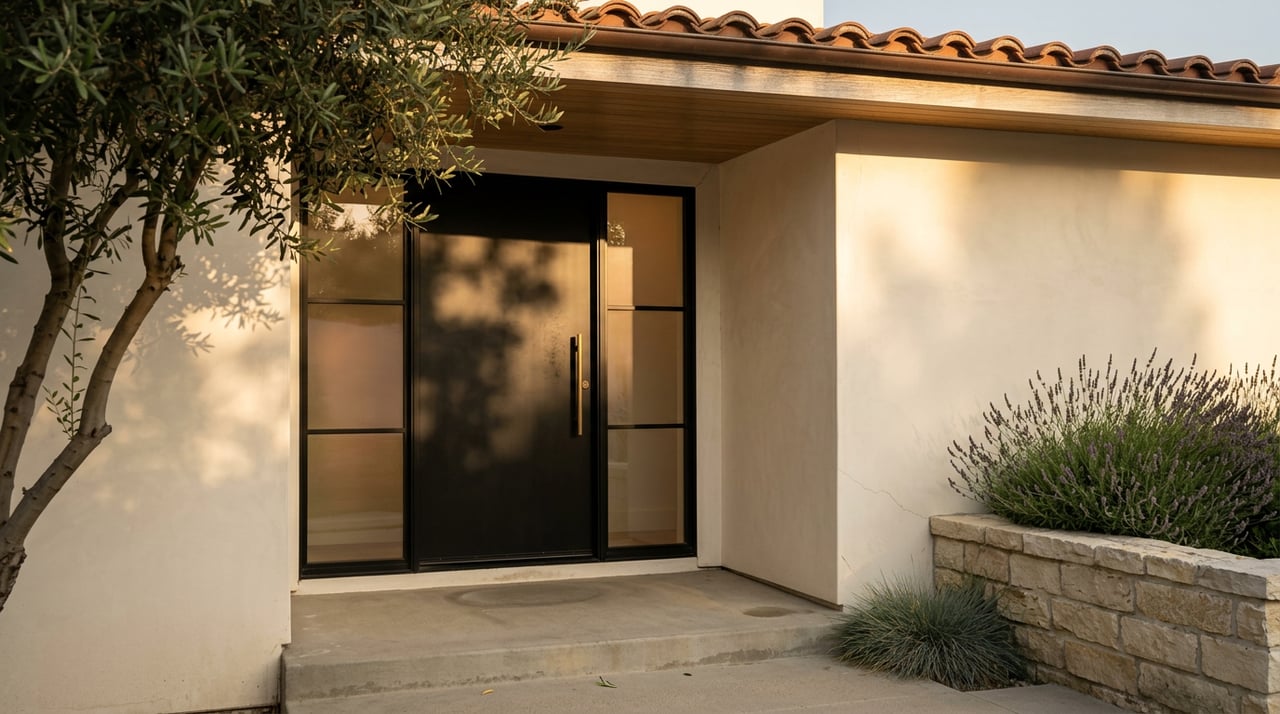 Entry with black steel pivot door, brass pull, dappled olive shadows, stonework and tile overhang.
