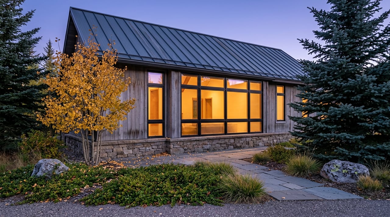 Mountain home with amber-lit windows, a steep metal roof, golden aspen, and a stone entry path at twilight.
