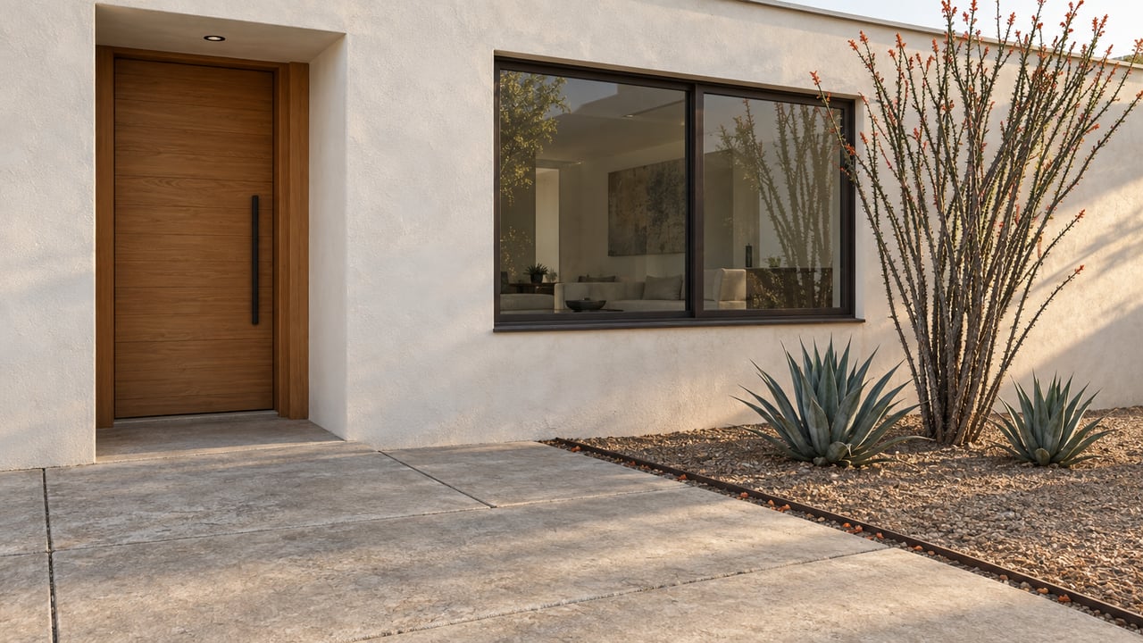 Modern stucco entry with recessed wooden door, broad dark-framed window, and ocotillo beside agaves.
