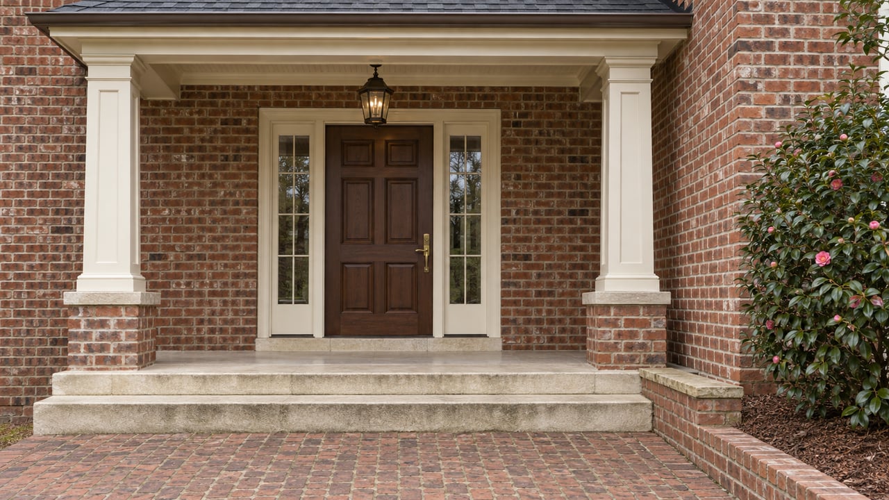 A sheltered brick-home entrance with cream columns, a dark wood door, pale stone steps, and a mature camellia.