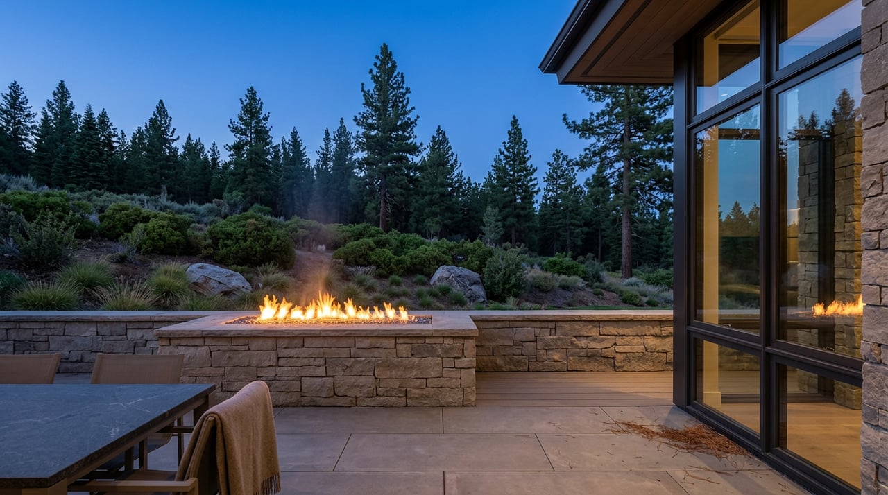 Stone terrace parapet with a glowing linear fire feature, overlooking native shrubs, granite boulders, and a dense tree line.