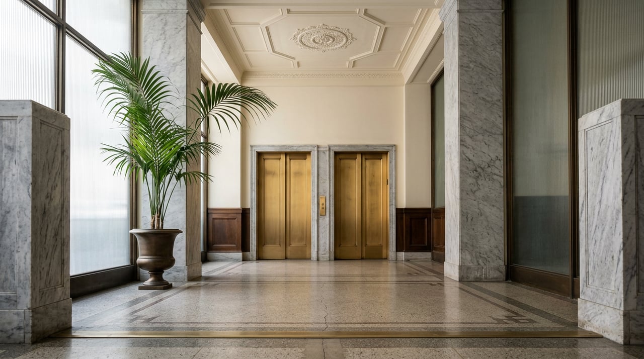 Prewar vestibule with brass elevator doors, marble pilasters, a bronze-urn palm, and coffered plaster ceiling.
