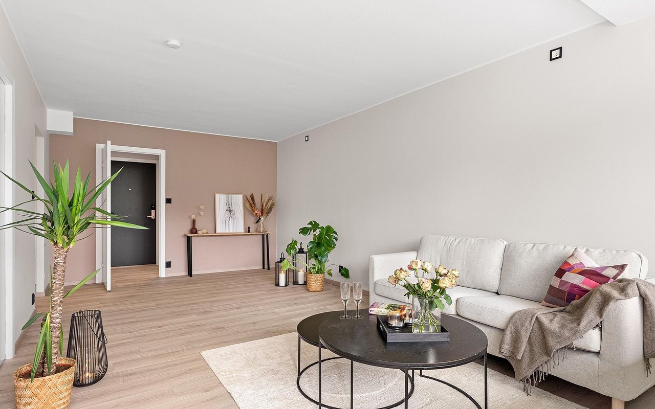 Staged living room with a white sofa, black round coffee tables, and plants beside the entry.
