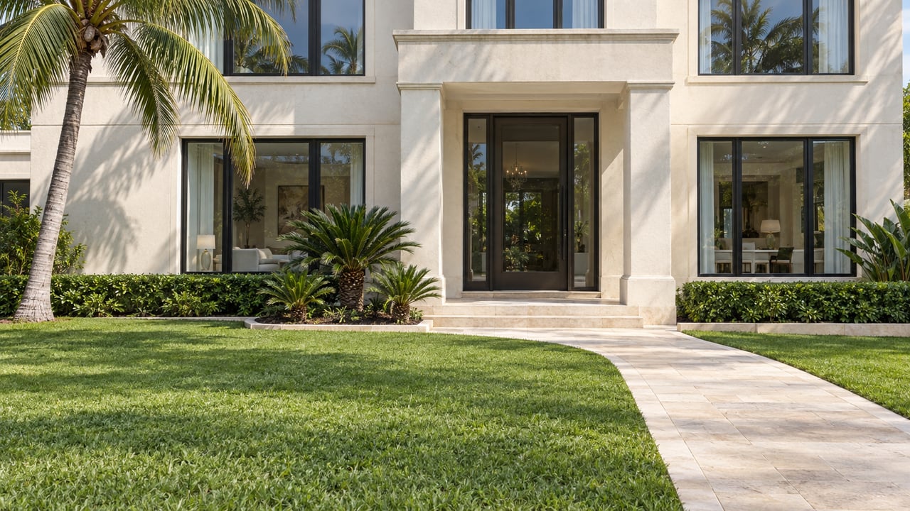 Cream-stucco home with dark-framed glazing, limestone entry steps, a deep lawn and a curved coconut palm in bright daylight.