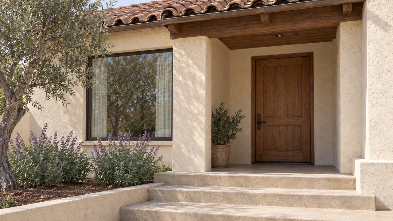 Sunlit ivory stucco entry with a clay tile roof, oak door, bronze-framed window and olive tree beside concrete steps.