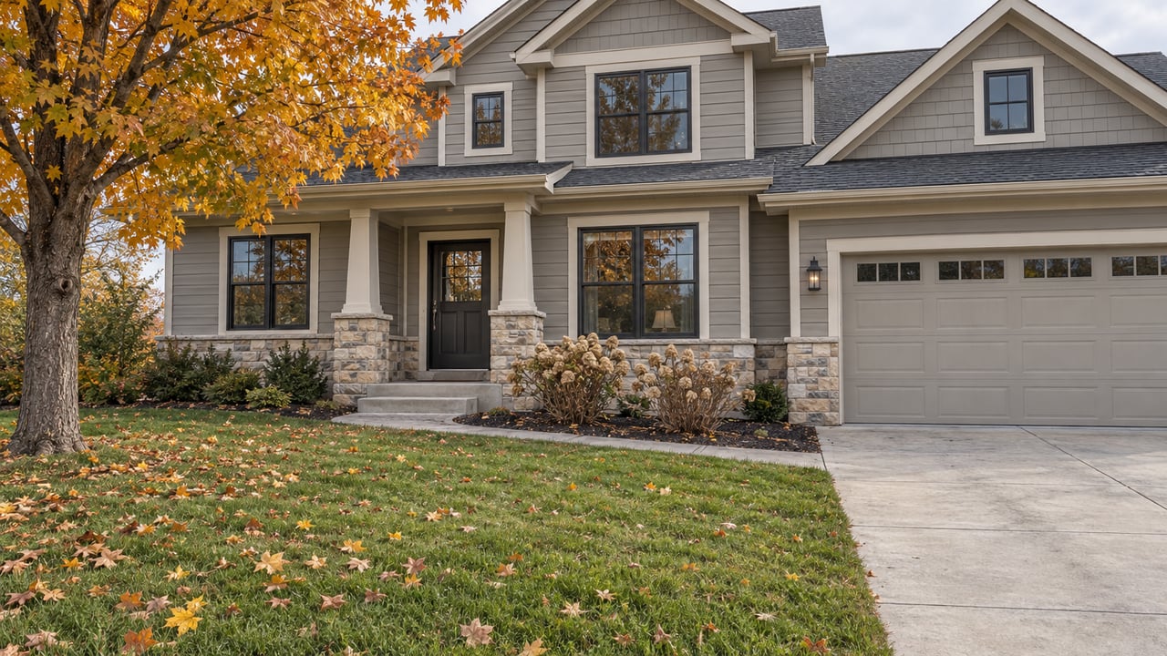 Autumn lawn and amber maple beside a gray gabled home with a limestone porch and dark window frames.
