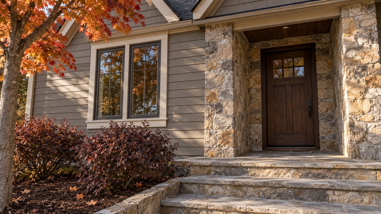 Autumn maple foliage beside a quartzite-framed oak entry, gray-taupe siding and weathered stone steps.