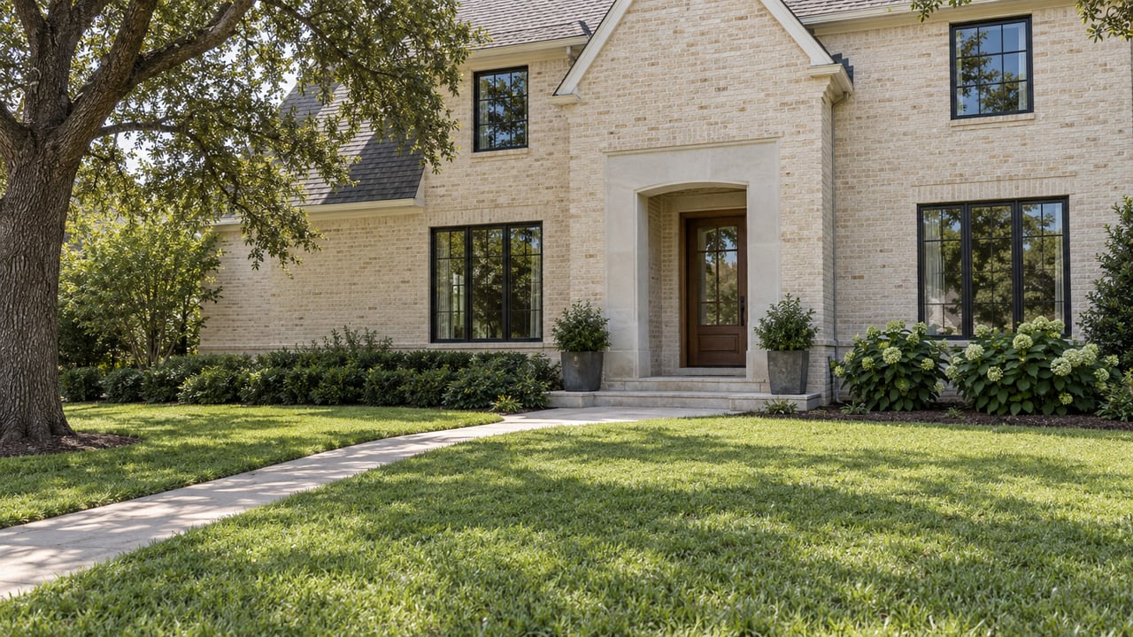 Cream brick home with a limestone entry, dark-framed windows and a deep green front lawn in bright morning light.
