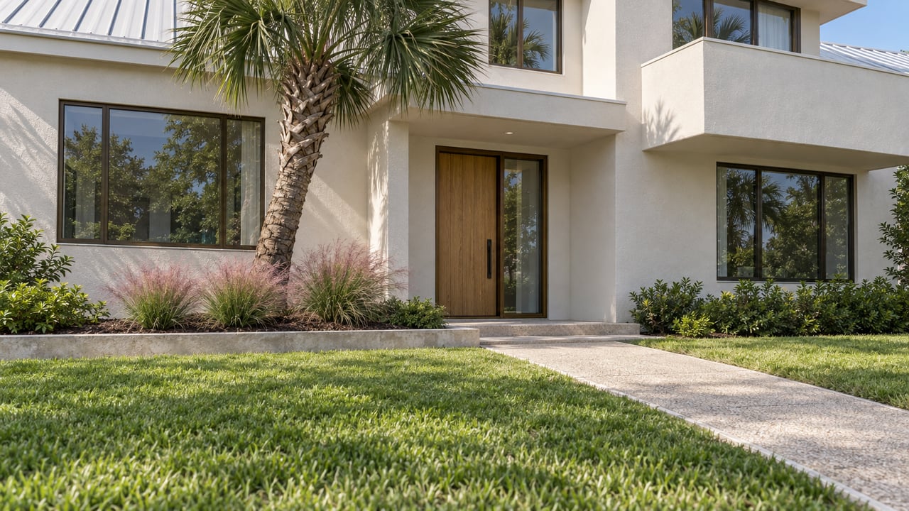 Modern stucco home with a tall wood front door, palm tree, and landscaped lawn.