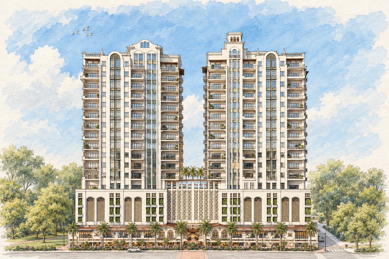 Mira Mar Residences twin towers with balconies, arched windows, ground-floor shops, and palm-lined landscaping.
