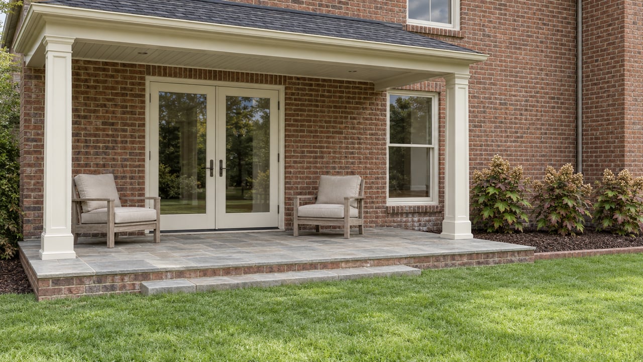 Brick home's covered rear terrace with cream-framed glass doors, weathered teak chairs, and oakleaf hydrangeas beside a broad lawn.