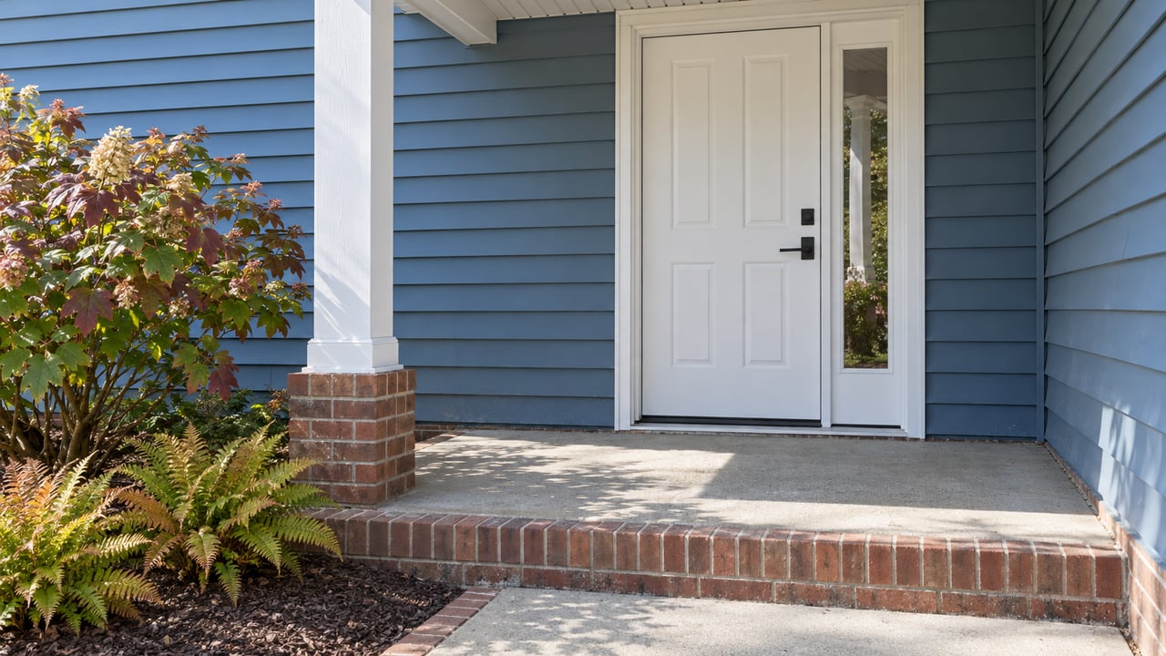 Blue-sided home entrance with a white door and sidelight, brick-edged concrete stoop and autumn oakleaf hydrangea.