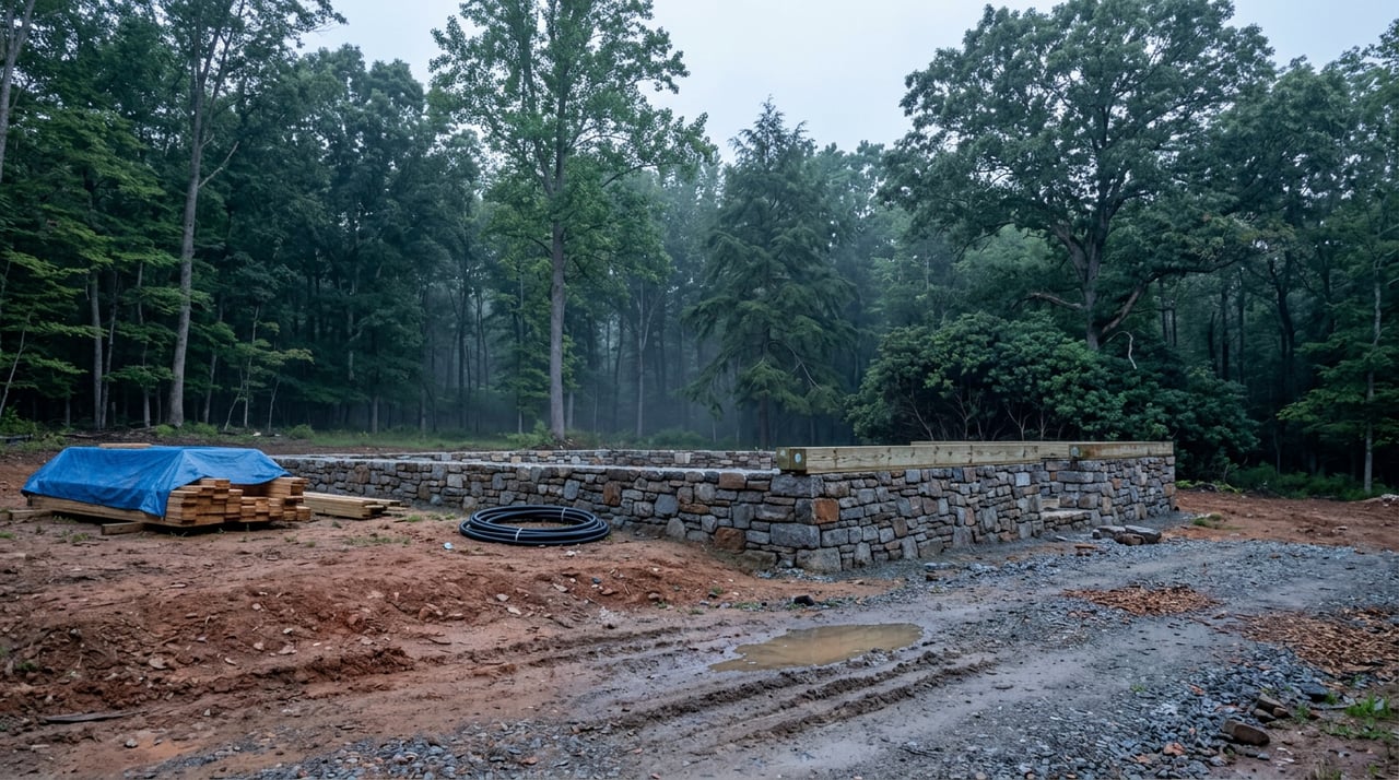 Partially built fieldstone foundation with timber sill plates on a rutted, rain-darkened building pad beside a hardwood forest.