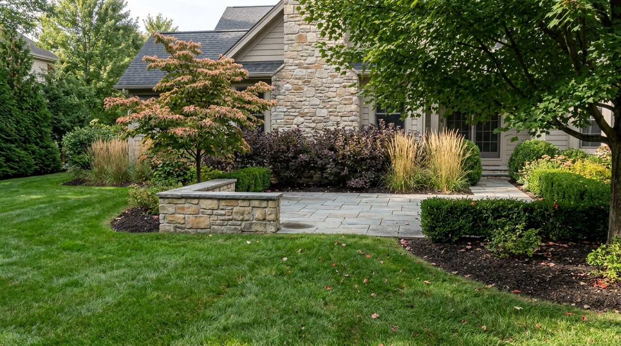 Rear yard with broad lawn, bluestone patio, low fieldstone wall, mature trees, and the home's stone chimney.