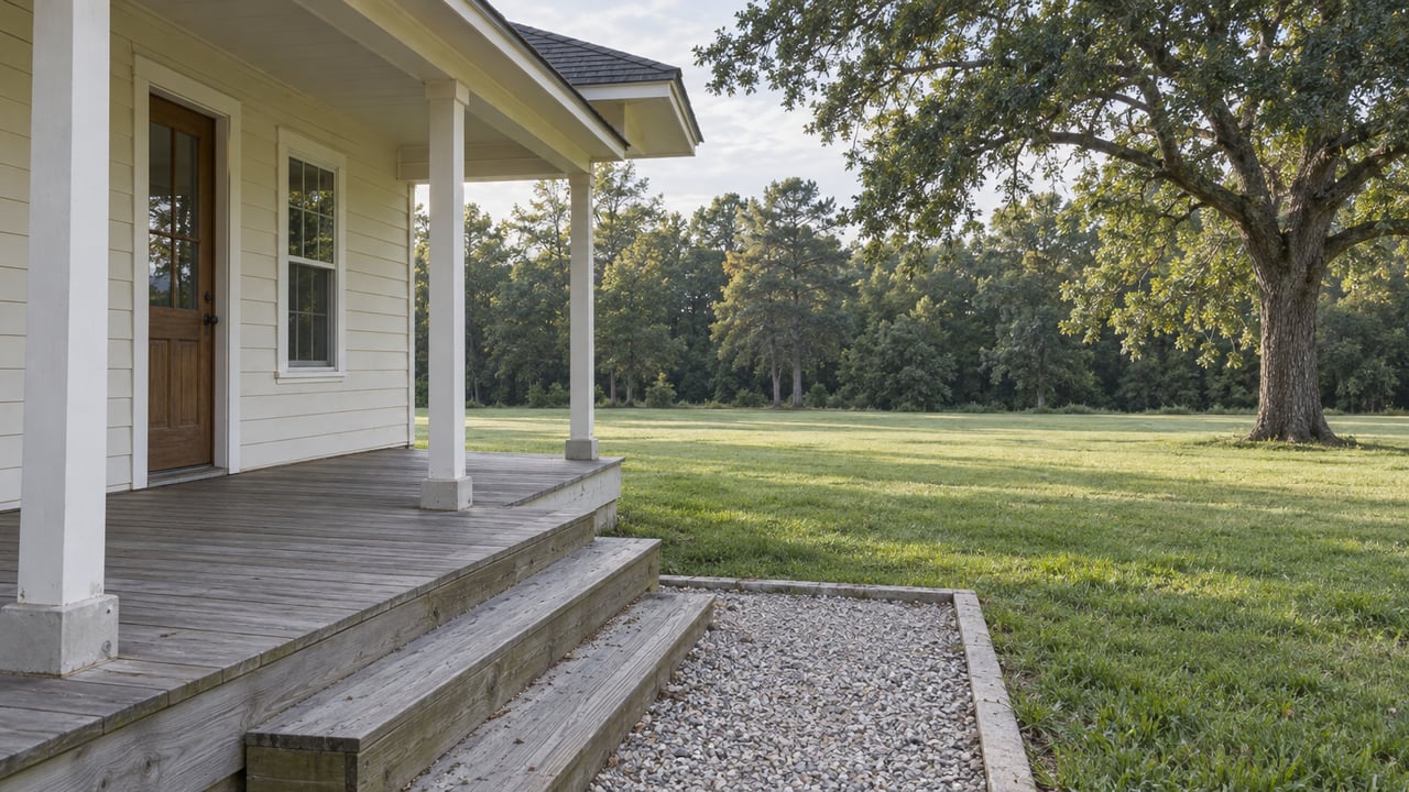 Weathered gray porch boards and a cream-sided home open toward a deep lawn with a mature spreading oak.