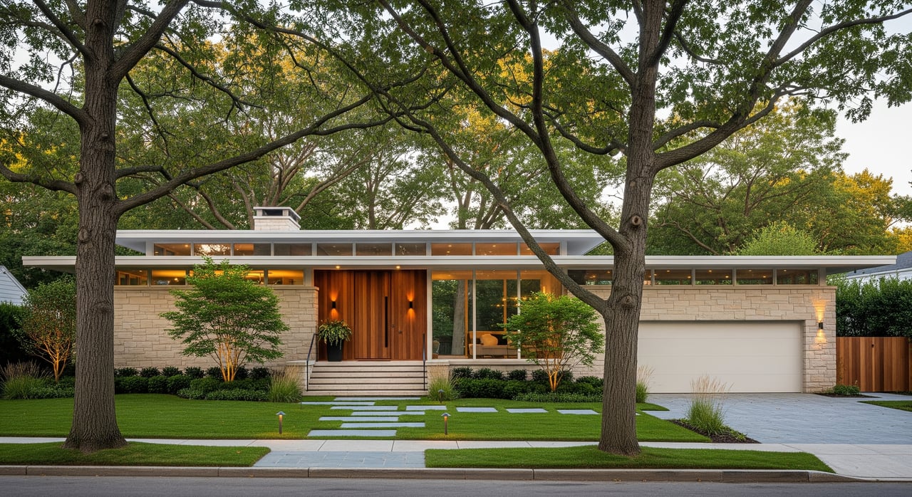 Single-story modern home with a flat roof, broad windows, and garage, framed by mature trees.